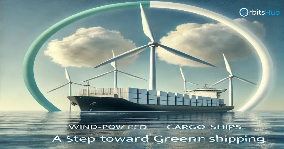 A cargo ship with wind turbines on deck, sailing under a cloudy sky. OrbitsHub logo in the corner