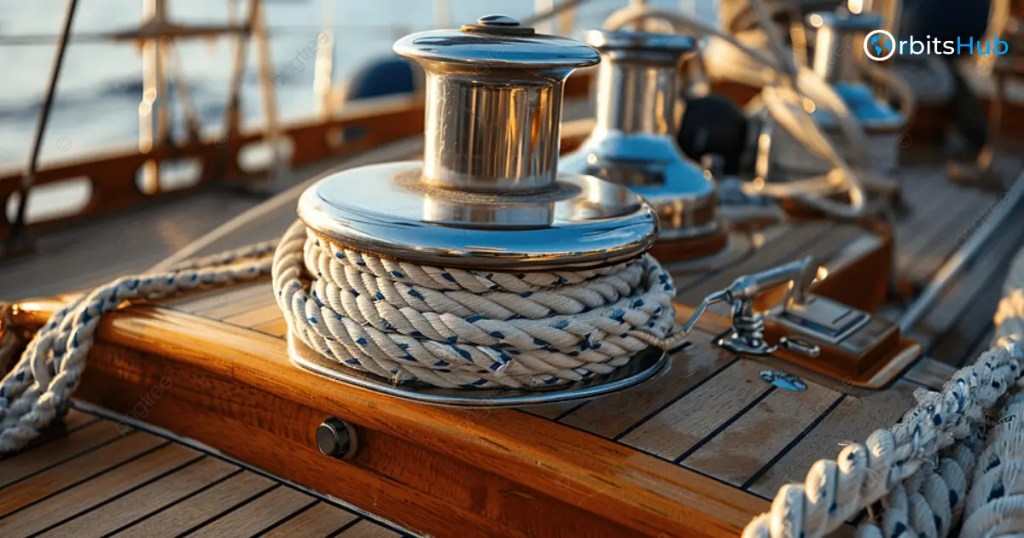 Polished winch on a yacht deck, reflecting OrbitsHubs emphasis on maritime equipment in sailing