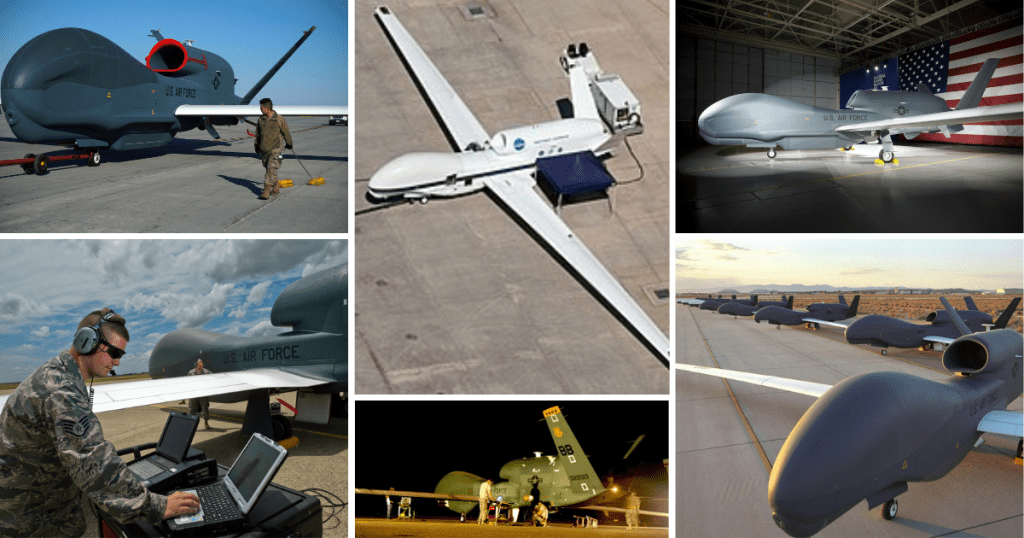 A collage of Northrop Grumman RQ-4 Global Hawk drones in various operational settings, including maintenance and deployment scenarios