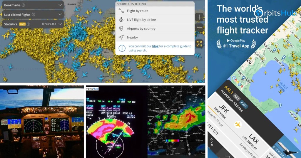 Flight Radar 24 interface with map and cockpit views