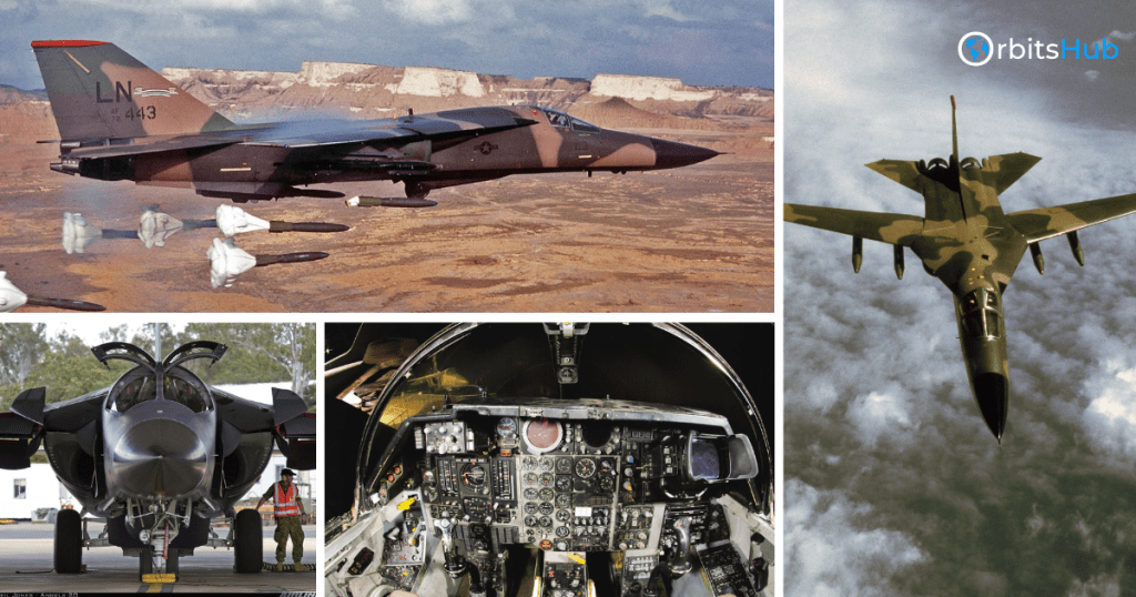 A collage of the F111A Aardvark, highlighting various angles and interior views, including its cockpit and missile deployment