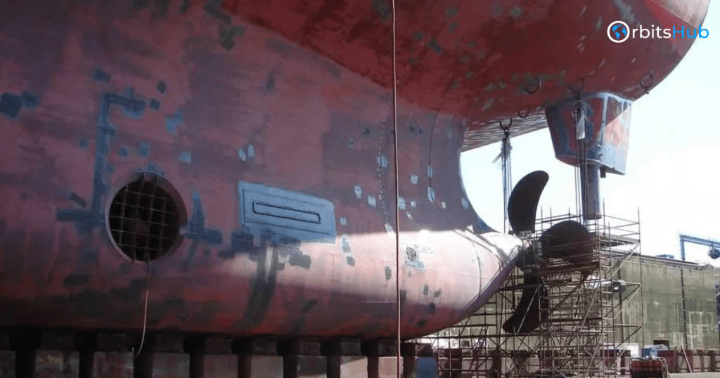 Close-up of the Seawise Giant's propeller and hull during maintenance work at a shipyard