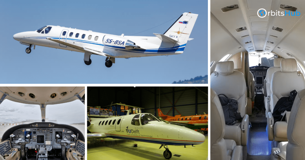 Collage featuring the Cessna C550 Citation II_ a jet taking off, a view of its cockpit, and a luxurious cabin interior