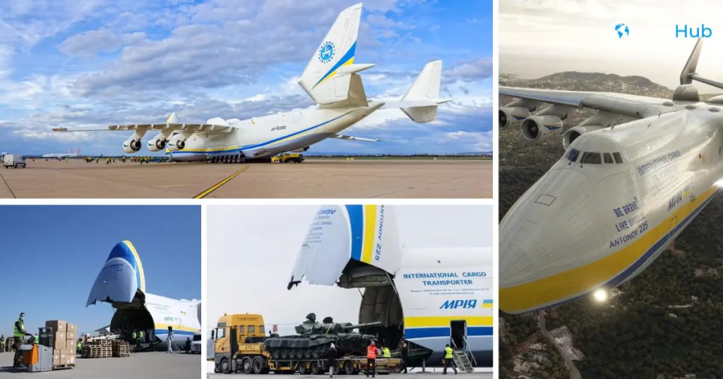 Collage of the Antonov An-225 Mriya in various settings, including the plane being prepared for takeoff, loading cargo, and flying in the sky