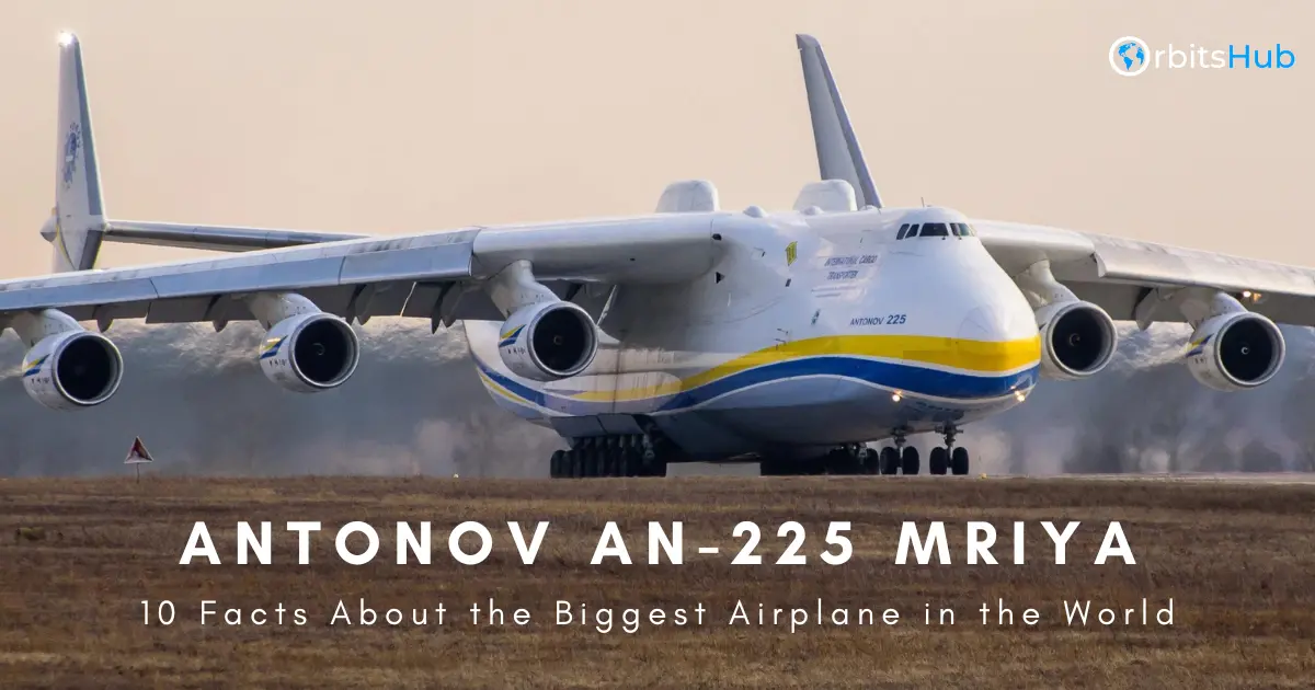 Front view of the Antonov An-225 Mriya, the worlds largest airplane, as it sits on the runway, showcasing its massive wingspan and six engines
