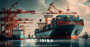 MSC Irina container ship docked at a busy port with large cranes loading cargo containers under a cloudy sky