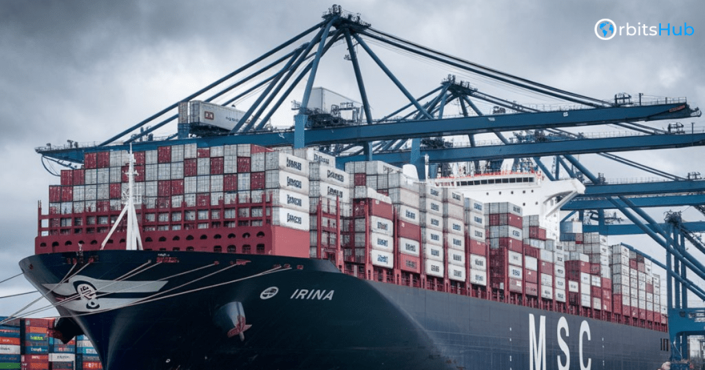 MSC Irina container ship fully loaded with containers, docked at a port with large blue cranes in the background