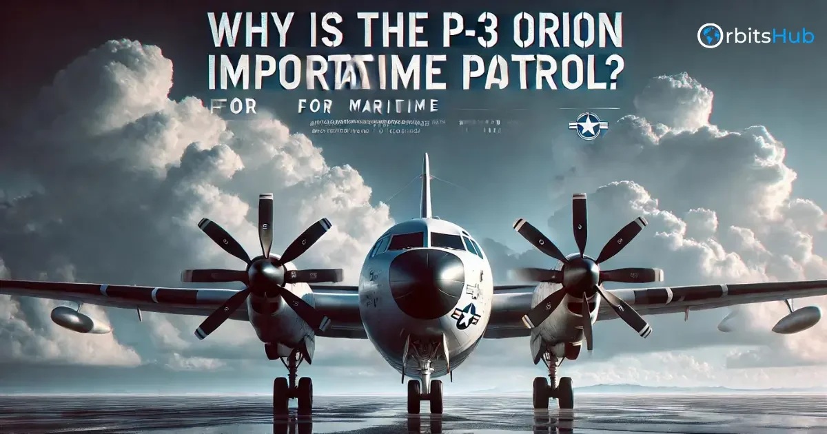 P-3 Orion_ Front view of a P-3 Orion aircraft with text about its importance for maritime patrol
