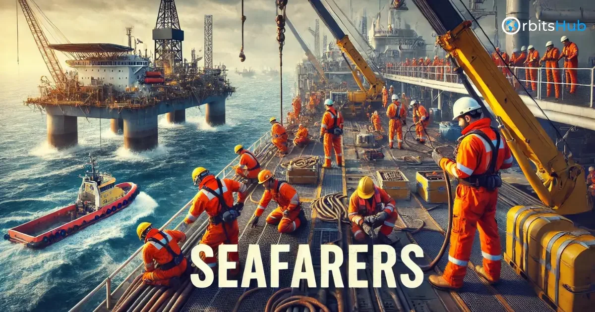 Seafarers on a ships deck working near a large oil platform, emphasizing their teamwork and dedication at sea