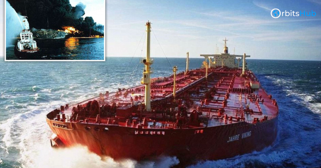 The Seawise Giant sailing at sea, with an inset of the ship on fire during an attack