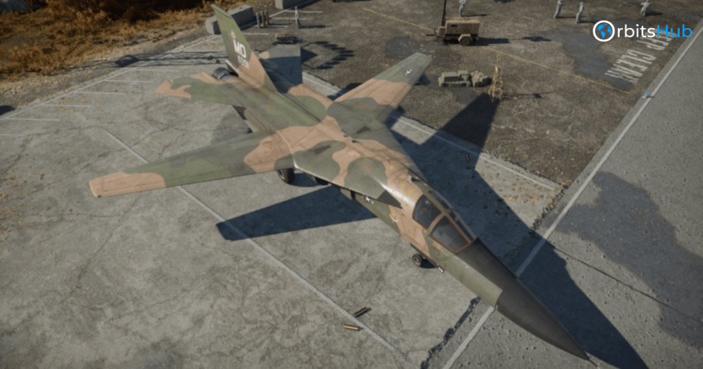 Top-down view of the F111A Aardvark parked on the tarmac, displaying its camouflage paint and sleek design