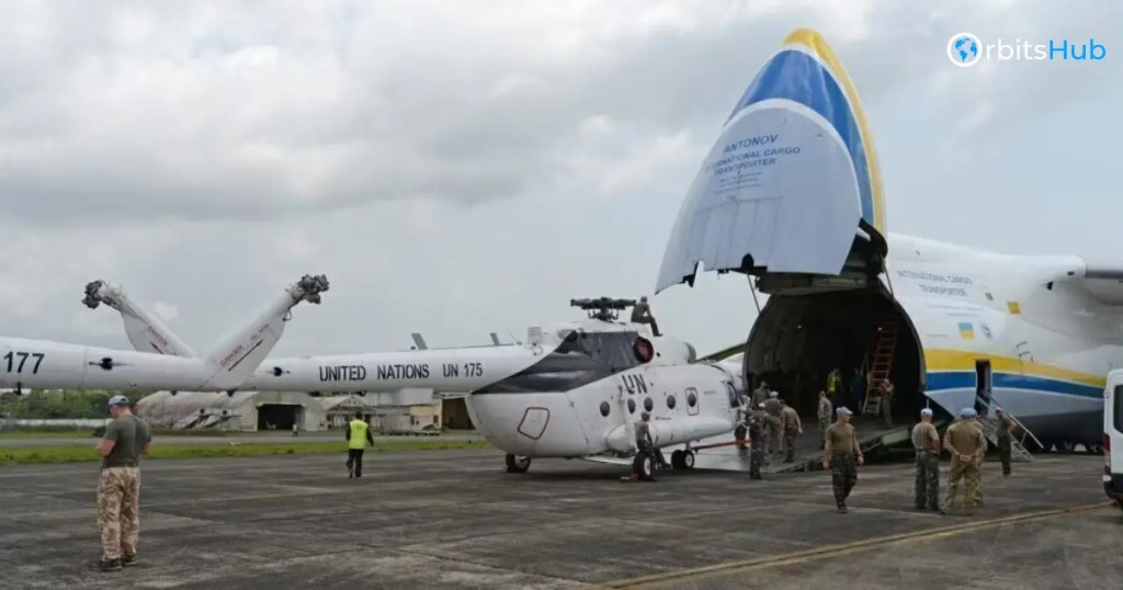 United Nations helicopter being loaded into the Antonov An-225 Mriya for transport, demonstrating the planes incredible cargo capacity